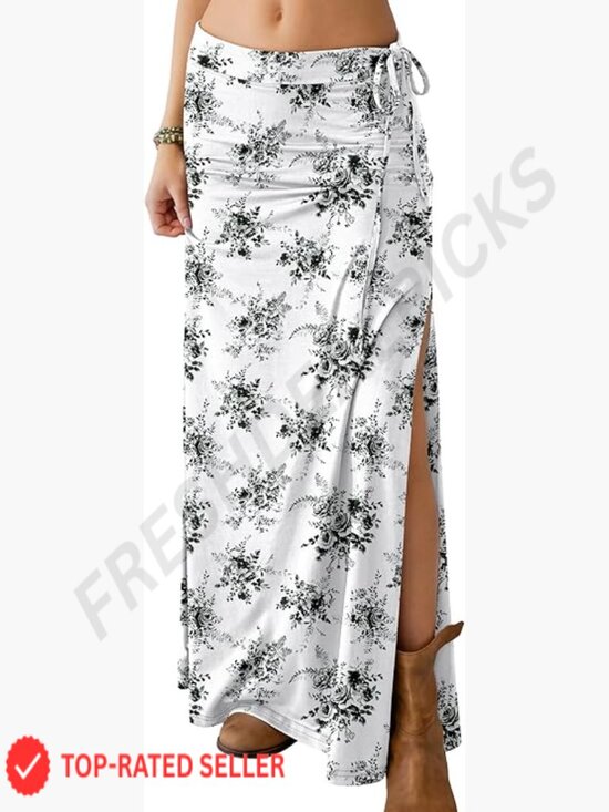 Dresses & Skirts - High Waisted Maxi Skirt Flowy Bohemian Side Slit Beach Vacation Summer Floral